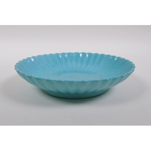 180 - A turquoise glazed porcelain dish of petal form, Chinese YongZheng seal mark to base, 18cm diameter