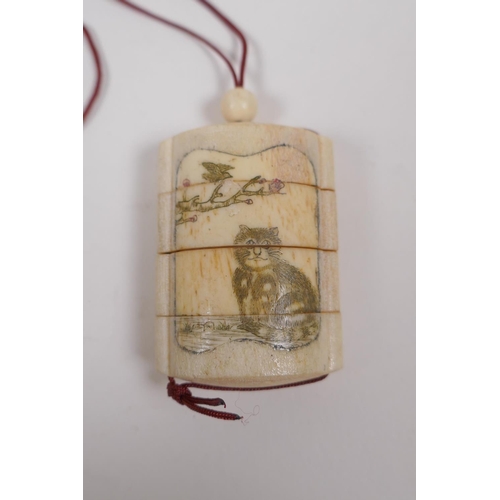 183 - A Japanese bone inro with decorative cat panels, 4 x 5cm