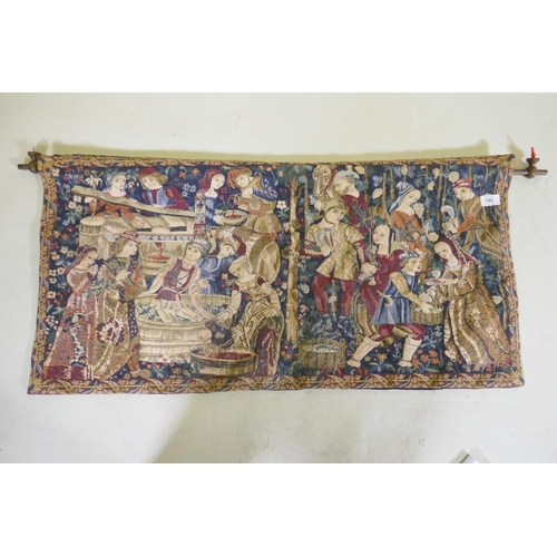 186 - A contemporary machine tapestry, medieval harvest scene, 90 x 44cm, mounted on a hanging rail