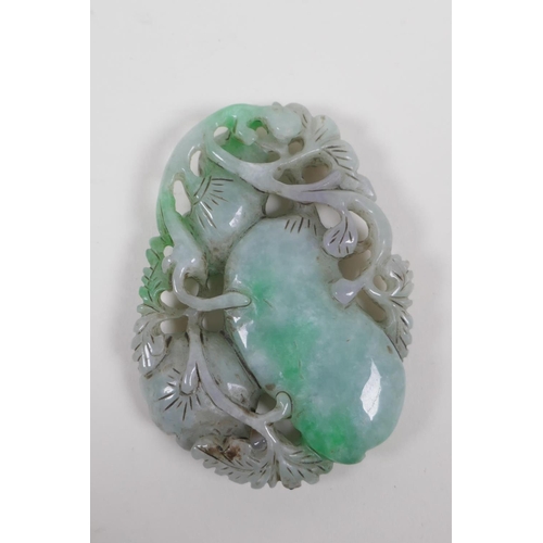 190 - A Chinese mottled green and grey jade pendant with carved and pierced gourd and ruyi decoration, 6 x... 