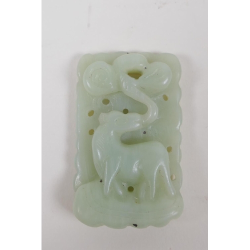 191 - A Chinese carved celadon jade pendant with deer decoration, chip to ear, 3 x 5cm