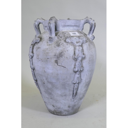 192 - A mid century stoneware amphora shaped vase, the base impressed Partenon, Made in Spain, 43cm high