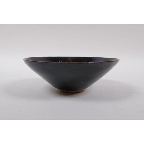 195 - A Chinese Jian kiln conical bowl with deep and auspicious character decoration, 15cm diameter, and a... 