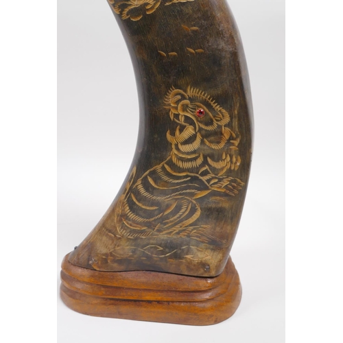 203 - A pair of oriental carved horns decorated with tigers and dragons, 36cm high