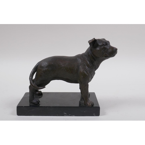 207 - A filled bronze figure of a Staffordshire Bull Terrier, on a marble base, 17cm long