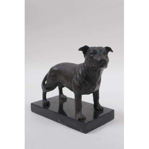 207 - A filled bronze figure of a Staffordshire Bull Terrier, on a marble base, 17cm long