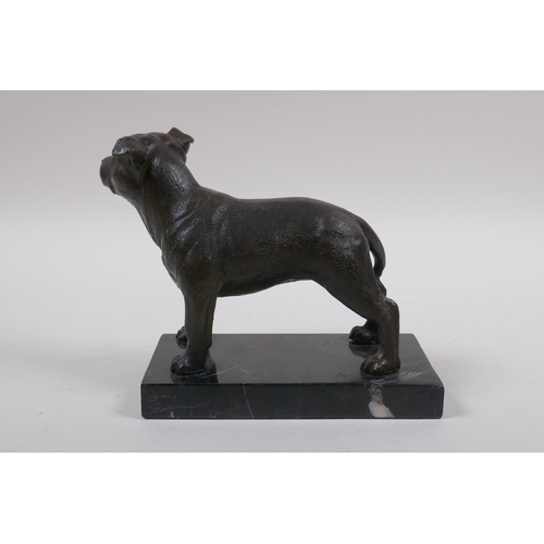 207 - A filled bronze figure of a Staffordshire Bull Terrier, on a marble base, 17cm long