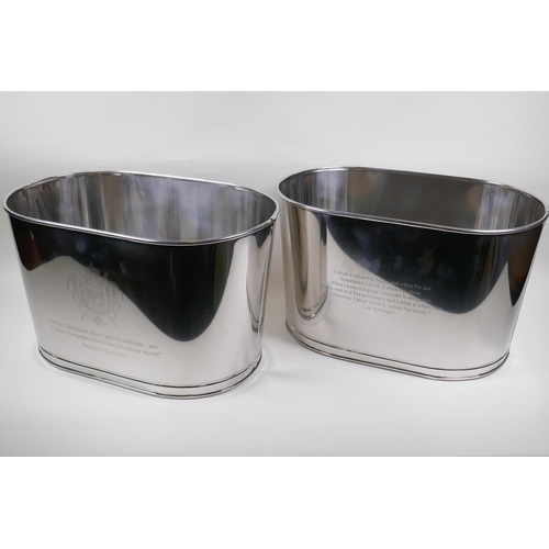 208 - A pair of plated Champagne coolers bearing quotes from Napoleon Bonaparte and Lily Bollinger, 43 x 2... 