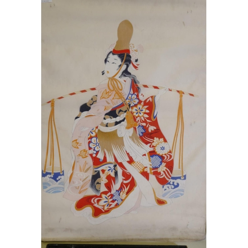 209 - A Japanese print on silk of a female water carrier, 50 x 72cm, two Chinese embroideries and a Chines... 