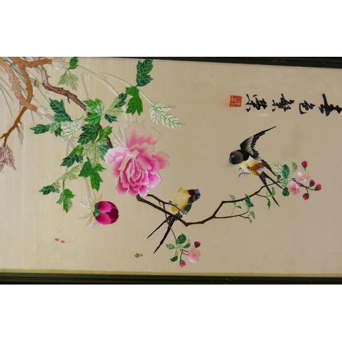 209 - A Japanese print on silk of a female water carrier, 50 x 72cm, two Chinese embroideries and a Chines... 