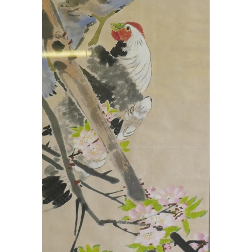 209 - A Japanese print on silk of a female water carrier, 50 x 72cm, two Chinese embroideries and a Chines... 