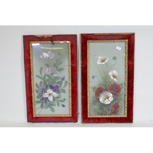 211 - A pair of Victorian floral paintings on glass in velvet frames, 43 x 74cm