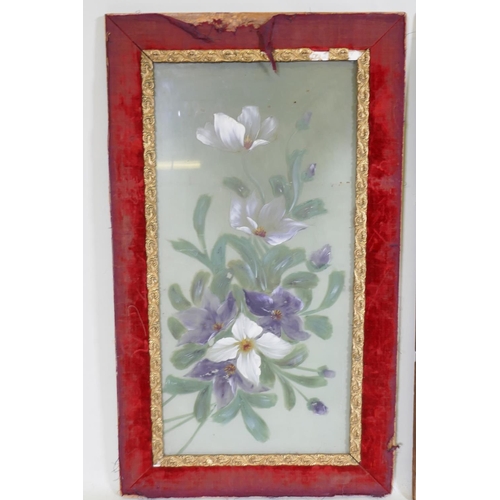 211 - A pair of Victorian floral paintings on glass in velvet frames, 43 x 74cm