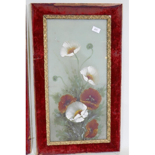 211 - A pair of Victorian floral paintings on glass in velvet frames, 43 x 74cm