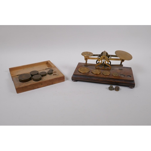 227 - A set of antique brass postage scales by S. Mordan & Co, and an accompanying box of brass weight... 