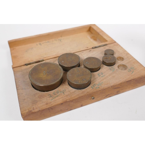 227 - A set of antique brass postage scales by S. Mordan & Co, and an accompanying box of brass weight... 