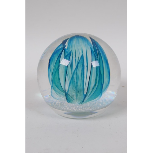 237 - Five glass paperweights including a Caithness 'Blue Octavia', and a swirled art glass scent bottle, ... 