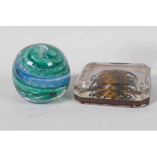 237 - Five glass paperweights including a Caithness 'Blue Octavia', and a swirled art glass scent bottle, ... 