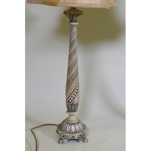 24 - A pair of composition table lamps with crackle glazed paint and silver leaf decoration, 79cm high