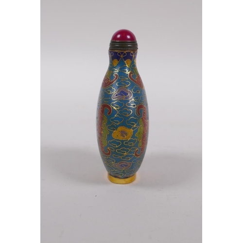 243 - A Chinese cloisonne snuff bottle with bat and auspicious symbol decoration, 9cm high