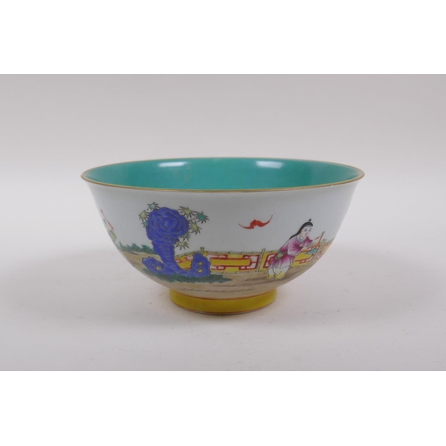 258 - A polychrome porcelain rice decorated with children playing in a garden, and a turquoise interior, C... 