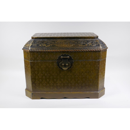 259 - An Indo-Chinese lacquered casket with embossed fleur de lys decoration, 51 x 30cm, 38cm high