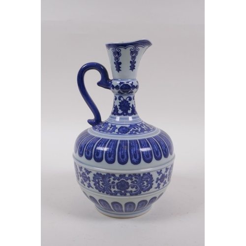 261 - A blue and white porcelain ewer with stylised lotus flower decoration, Chinese YongZheng seal mark t... 