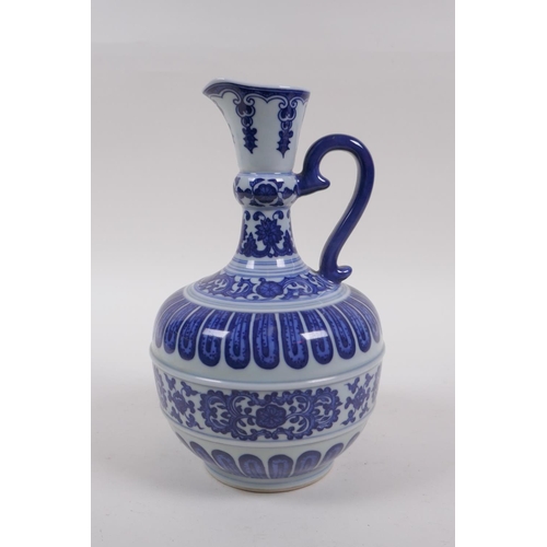 261 - A blue and white porcelain ewer with stylised lotus flower decoration, Chinese YongZheng seal mark t... 