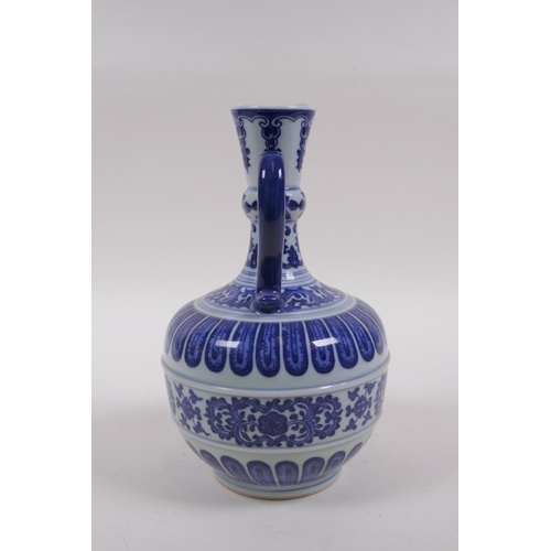 261 - A blue and white porcelain ewer with stylised lotus flower decoration, Chinese YongZheng seal mark t... 