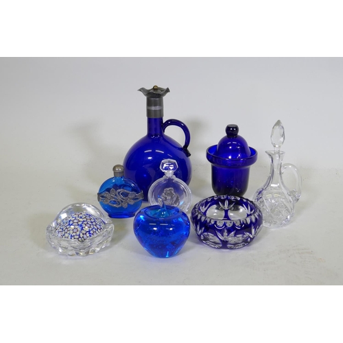 262 - A glass millefiori paperweight, a St Louis glass ashtray, a Victorian oil jar, two scent bottles, oi... 