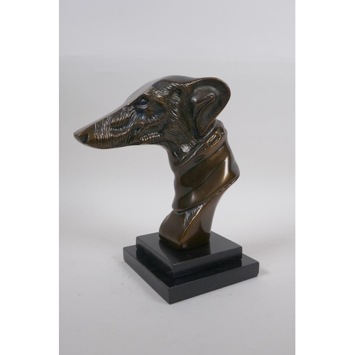 266 - A cast bronze greyhound head bust, 22cm high