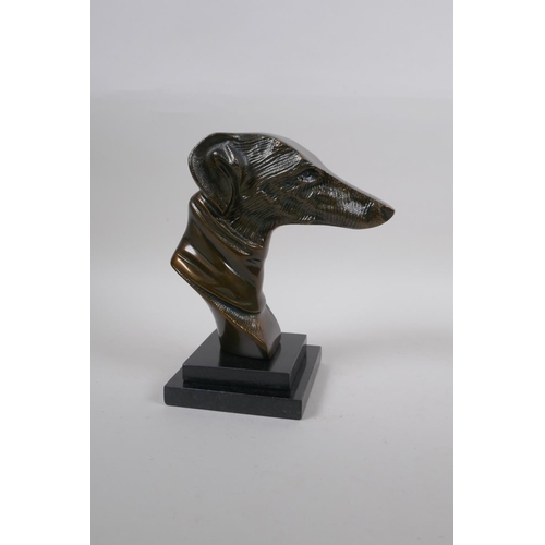 266 - A cast bronze greyhound head bust, 22cm high