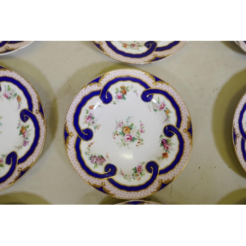 269 - A Minton dessert service, comprising three tazza, 25cm diameter, 15cm high, one 12cm high, AF, base ... 