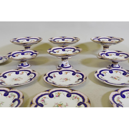 269 - A Minton dessert service, comprising three tazza, 25cm diameter, 15cm high, one 12cm high, AF, base ... 