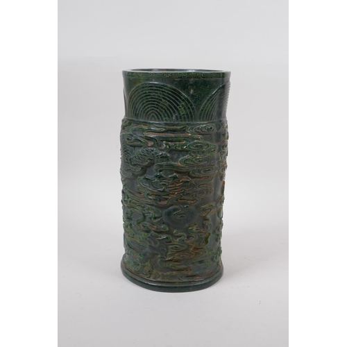 271 - A Chinese reconstituted green hardstone brush pot with dragon and flaming pearl decoration, mark to ... 