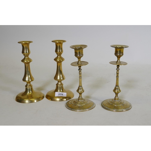 278 - A pair of C18th/C19th  brass candlesticks, possible French/Flemish, with engraved decoration, sconce... 