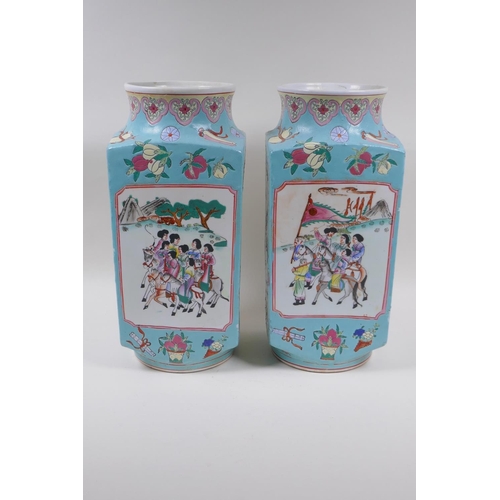 28 - A pair of blue ground square form porcelain vases with famille rose decorative panels depicting trav... 