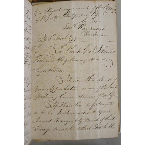 281 - Of Irish interest, an C18th book, hand written in copperplate script with transcripts of letters and... 