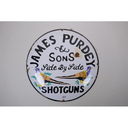 285 - A vintage style 'James Purdey & Sons' enamel sign, 30cm diameter