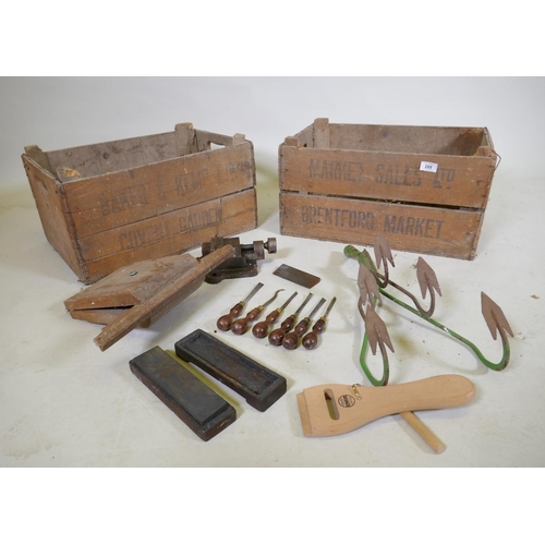 288 - Two vintage wood crates, wood clamp, bench vice, wood turner's chisels etc