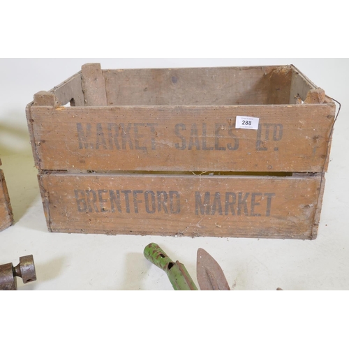 288 - Two vintage wood crates, wood clamp, bench vice, wood turner's chisels etc