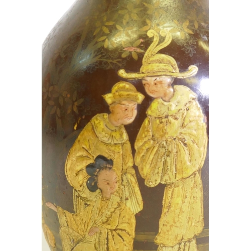 3 - A C19th porcelain vase, over painted in lacquer with raised Chinoiserie decoration, 30cm high