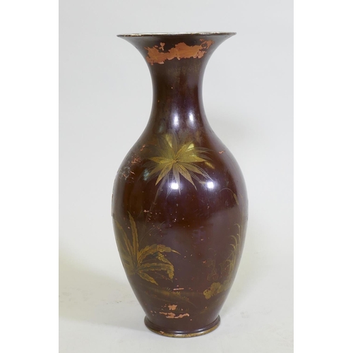 3 - A C19th porcelain vase, over painted in lacquer with raised Chinoiserie decoration, 30cm high