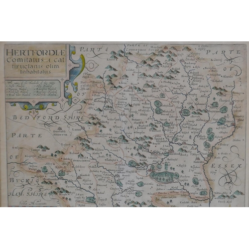 32 - Johannes Morden, C17th/C18th hand coloured map of Hertfordshire, 35 x 28cm