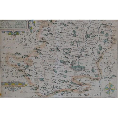 32 - Johannes Morden, C17th/C18th hand coloured map of Hertfordshire, 35 x 28cm