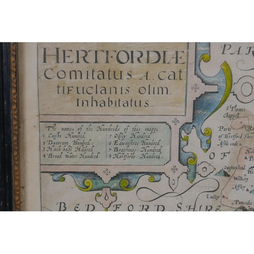 32 - Johannes Morden, C17th/C18th hand coloured map of Hertfordshire, 35 x 28cm