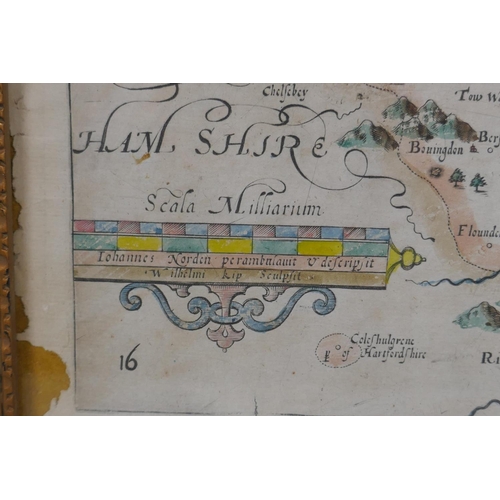 32 - Johannes Morden, C17th/C18th hand coloured map of Hertfordshire, 35 x 28cm