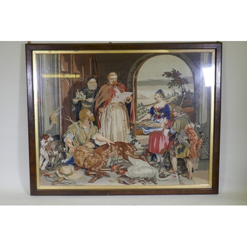 34 - A large Victorian tapestry depicting a tithe scene with a hunter with game, in an oak frame with pan... 