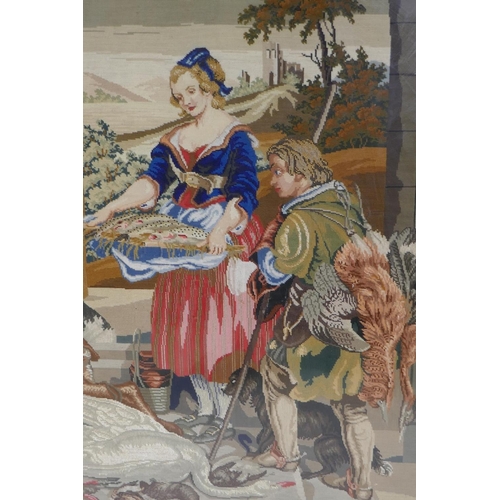 34 - A large Victorian tapestry depicting a tithe scene with a hunter with game, in an oak frame with pan... 