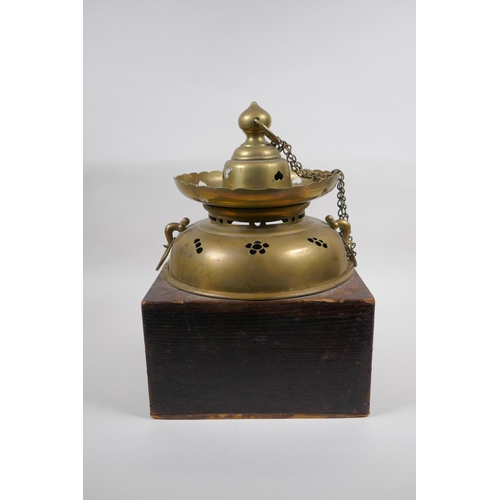 37 - An antique Japanese brass censer housed within an oak box, with an associated cover, 26 x 26cm, 35cm... 